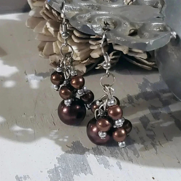 Hand Crafted Purple Bronze Glass Pearl Beads Cluster Dangle Earrings - Picture 3 of 7
